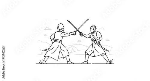 Two warriors in traditional attire engaged in a sword fight, stylized illustration