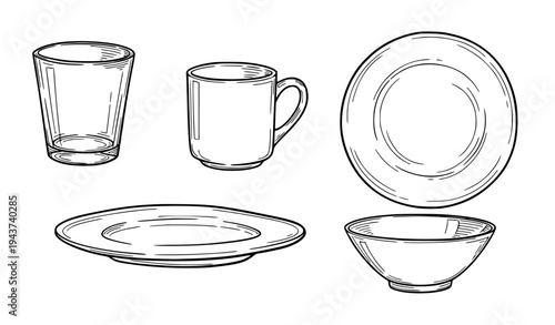 A set of kitchen tableware including plates, bowls, cups, and glasses in a simple line art style