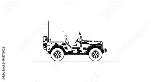 Vintage Military Jeep with Camouflage Pattern, Side View Line Art Illustration