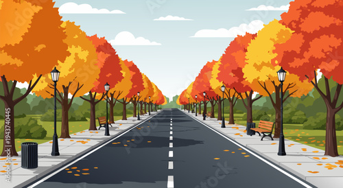 A beautiful vector illustration of a straight road lined with trees in autumn colors, evoking a sense of seasonal transition and peaceful journey