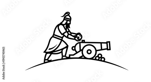 Warrior loading cannon, historical battle scene, vintage illustration
