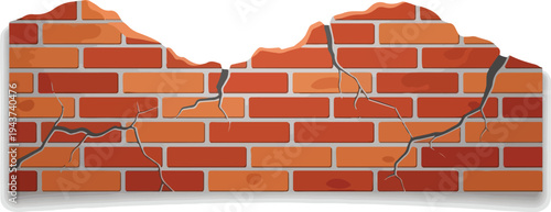 Cracked Brick Wall Illustration with a Hole and Shadows, Showing Structural Damage