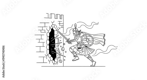 Warrior Smashes Through Brick Wall with Sword, Dynamic Action Scene