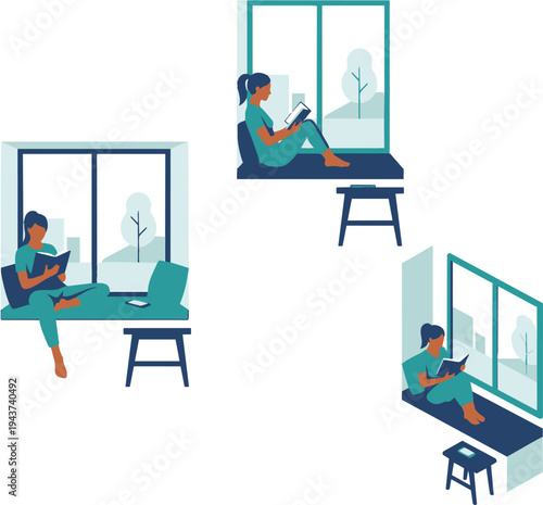 Cozy reading by window lifestyle illustration showing peaceful home environment and relaxing book reading moment
