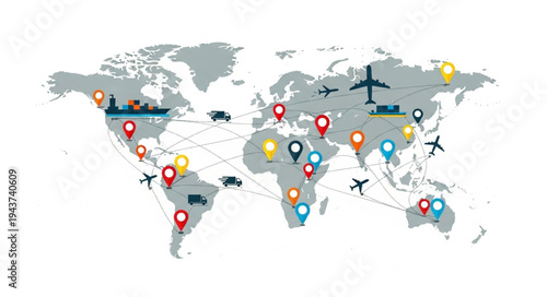 World Map with Location Pins.