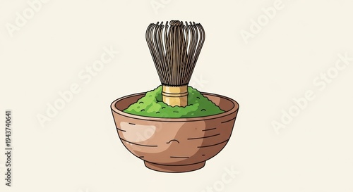 Matcha powder and whisk in a bowl, traditional Japanese tea ceremony