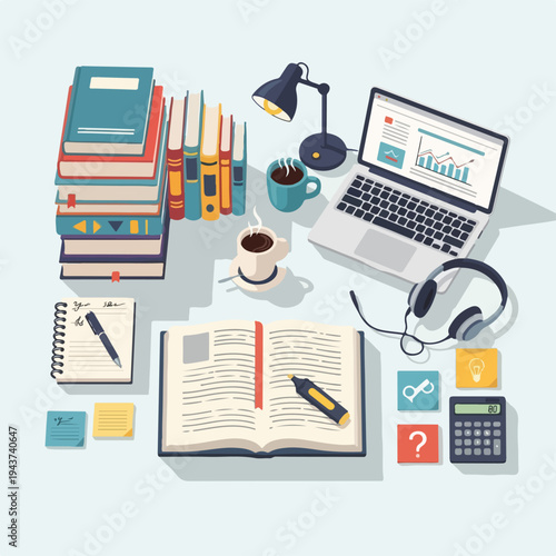 A cozy workspace filled with books, laptop, coffee, and accessories