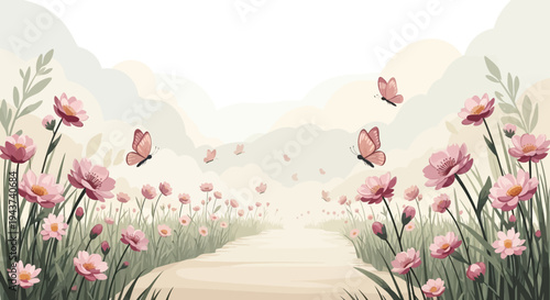 Dreamy meadow with pink cosmos flowers and butterflies, soft blurred background, tranquil nature scene