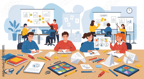 Students in classroom learning and collaborating with sticky notes and charts on boards