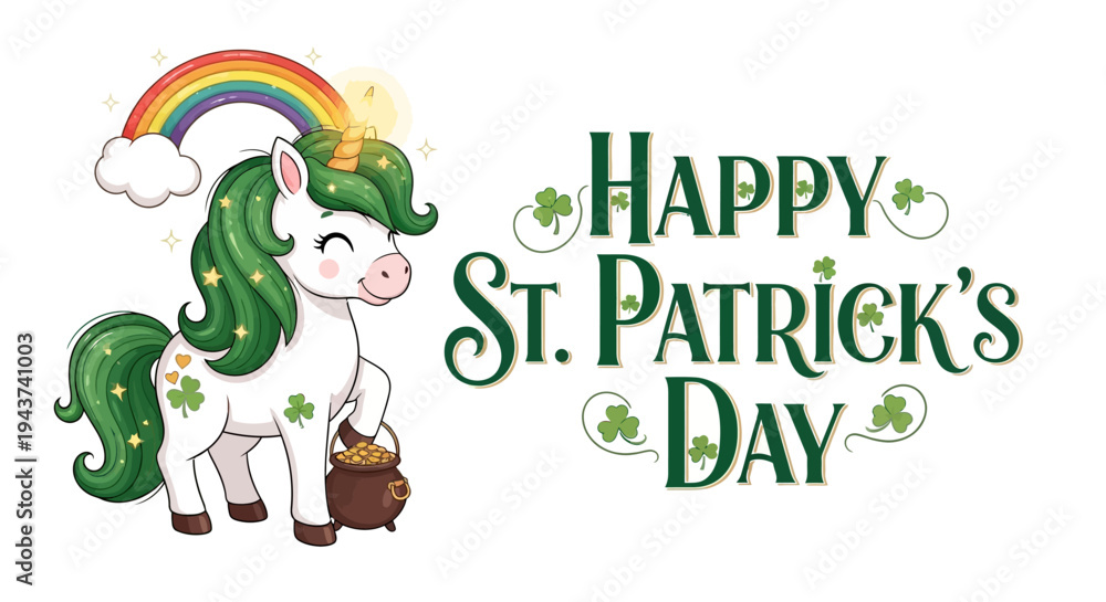 Fototapeta premium A whimsical unicorn with a green mane and shamrocks celebrates St. Patrick's Day with a pot of gold and rainbow on a festive Irish background.