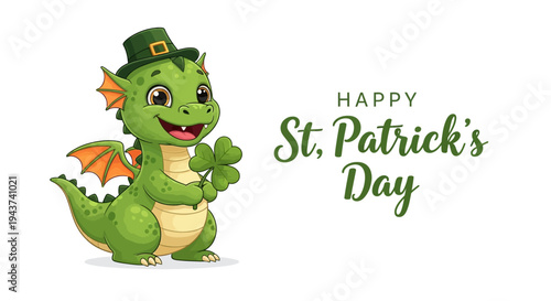A cheerful green dragon wearing a St. Patrick's Day hat and giving a thumbs up on a festive Irish celebration background with a shamrock symbol and green theme.