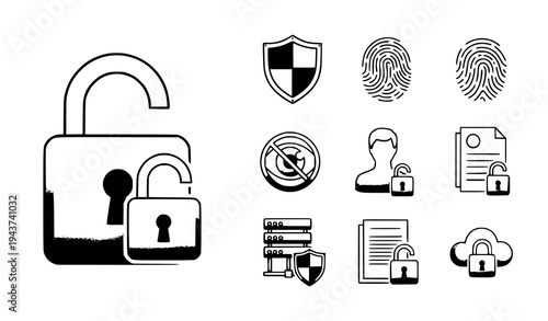 A set of security icons including locks and shields in a flat design style