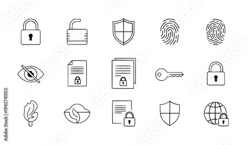 A set of security icons including locks, shields, and keys in a flat design style