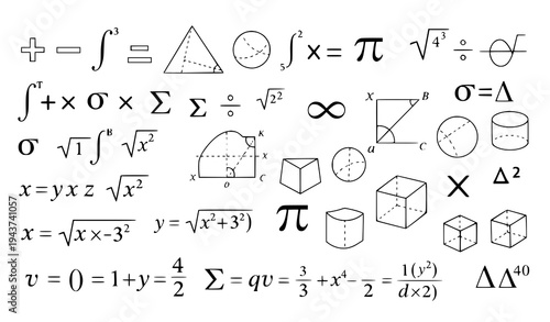 A collection of mathematical symbols and equations in a vector graphic illustration
