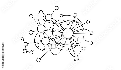 A vector graphic illustration of a complex network diagram with interconnected nodes and lines