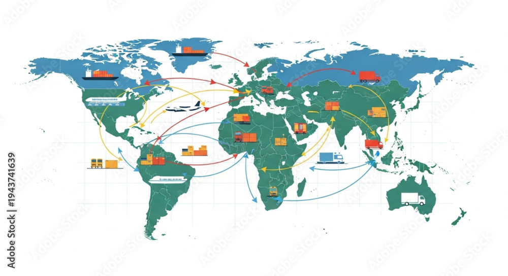 Obraz premium World Map Showing Global Trade Routes and Shipping.