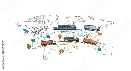 World Map Transportation Vehicles Illustration.