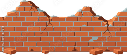 Broken brick wall with cracks and missing pieces, illustration of construction damage