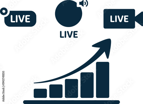 Growth and live streaming popularity depicted through icons and a bar chart isolated on transparent background, Vector