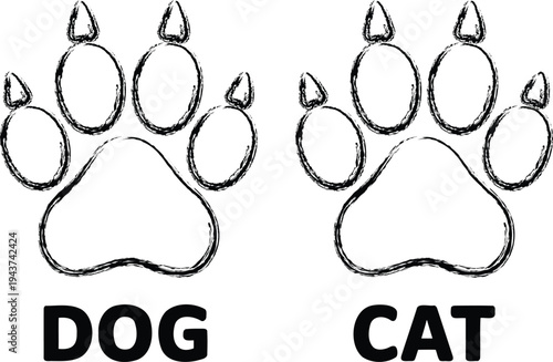 Comparative illustration of a dog paw print and a cat paw print. isolated on transparent background, Vector