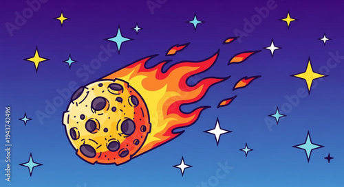Cartoon meteorite with flames and sparks flying through a starry night sky with a gradient of purple and blue hues