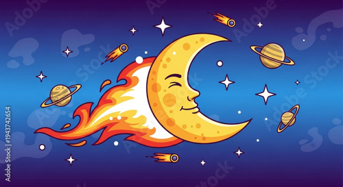 Smiling crescent moon with fire and planets in space celestial body with rocket ships and stars