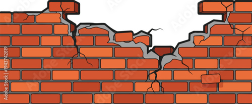 Illustration of a damaged red brick wall with cracks and crumbling sections
