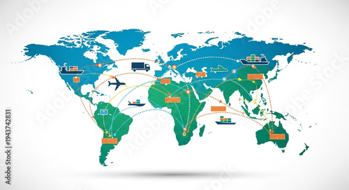 World Map with Country Flags Marked.