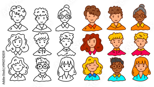 set of people avatars with outline and colored versions for character design