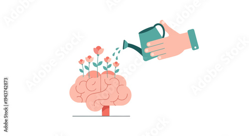 Nurturing Brain Growth: Watering Flowers Blooming from a Human Mind Illustration