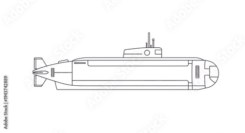 Modern Submarine Vessel Outline Illustration Isolated on Transparent Background
