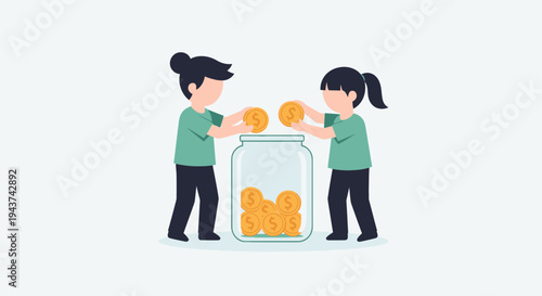 Two children putting gold coins into a glass jar, representing financial savings and early investment education.