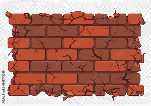 Cracked red brick wall with weathered texture, providing a rustic and aged facade