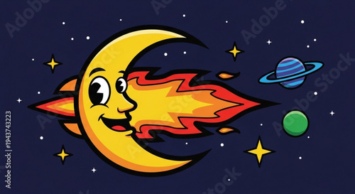 Smiling crescent moon with fiery flames and sun rays in space with planets and stars