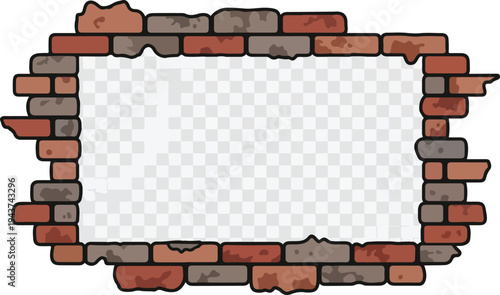 Roughly torn brick wall frame with a transparent background for creative design and decoration