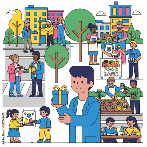 A diverse community shows acts of kindness gifts, food sharing, art, and learning