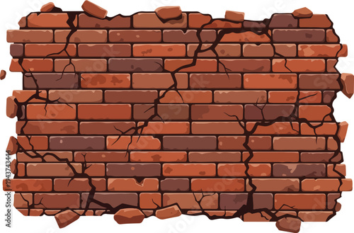 Cracked and aged red brick wall with weathered texture and visible damage, showcasing decay and neglect