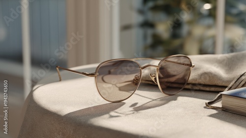Sunglasses rest on a table with a book. A cloth is nearby, plus soft, sunlit ambiance