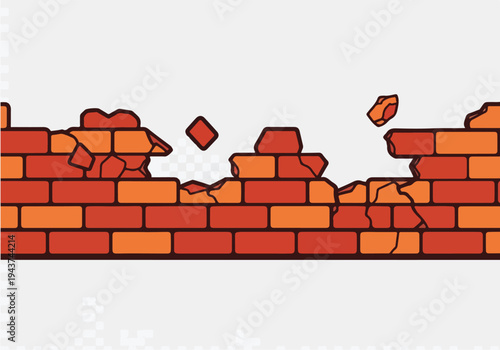 Broken brick wall with pieces falling off, illustration of damage and destruction