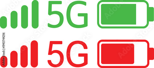 Comparison of 5g signal strength and battery status indicators isolated on transparent background, Vector
