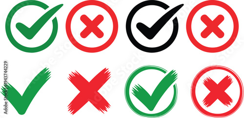 Visual symbols representing correct and incorrect actions with checkmarks and crosses isolated on transparent background, Vector