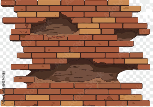 Damaged red brick wall illustration with holes and rough textures, representing decay and dilapidation