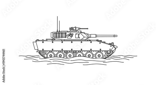 Amphibious Armored Personnel Carrier Driving Through Water - Line Art