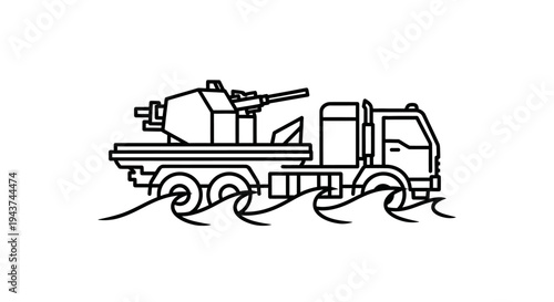 Amphibious Military Truck with Cannon on Waves, Line Art