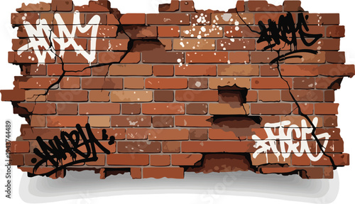 Cracked and vandalized brick wall covered in graffiti, symbolizing urban decay and street art