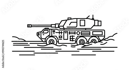 Armored Vehicle with Cannon Driving Through Water - Line Art Illustration