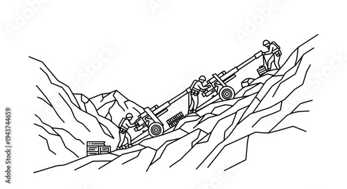 Artillery crew maneuvers heavy cannon up steep mountain terrain for strategic placement.