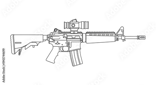 Assault Rifle with Scope - Line Art Illustration