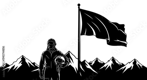 Astronaut Standing on Mountain Peak with Flag, Space Exploration, Victory