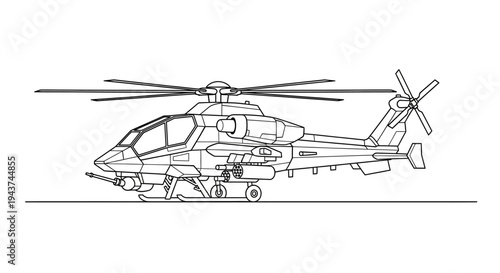 Attack Helicopter Line Art Drawing, Military Aircraft, Vector Illustration